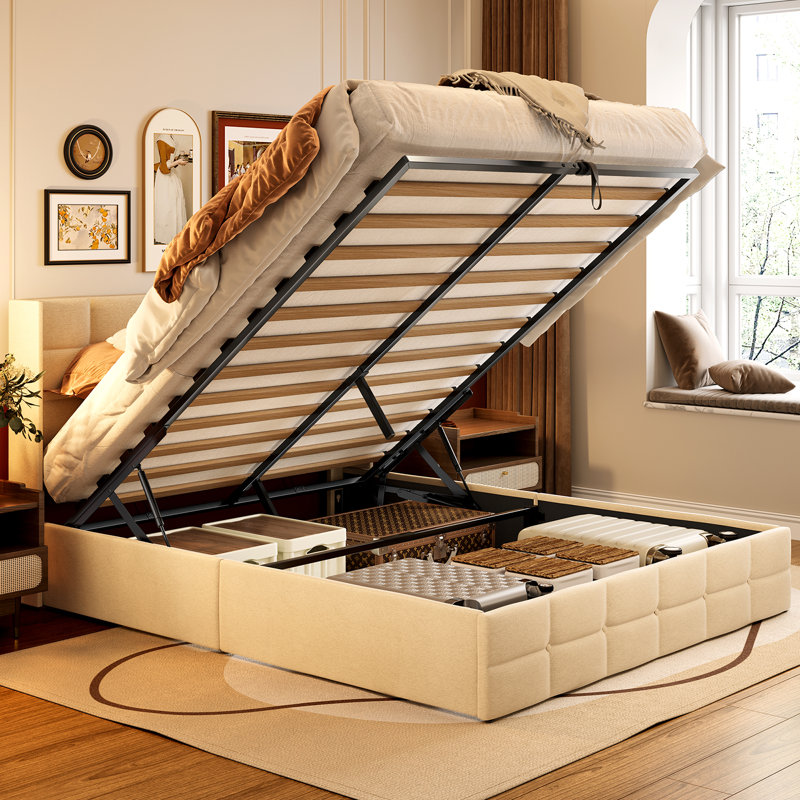 Minos 42” Upholstered Platform Bed Frame with Headboard, Lift Storage, Hydraulic Design, Beige, Queen