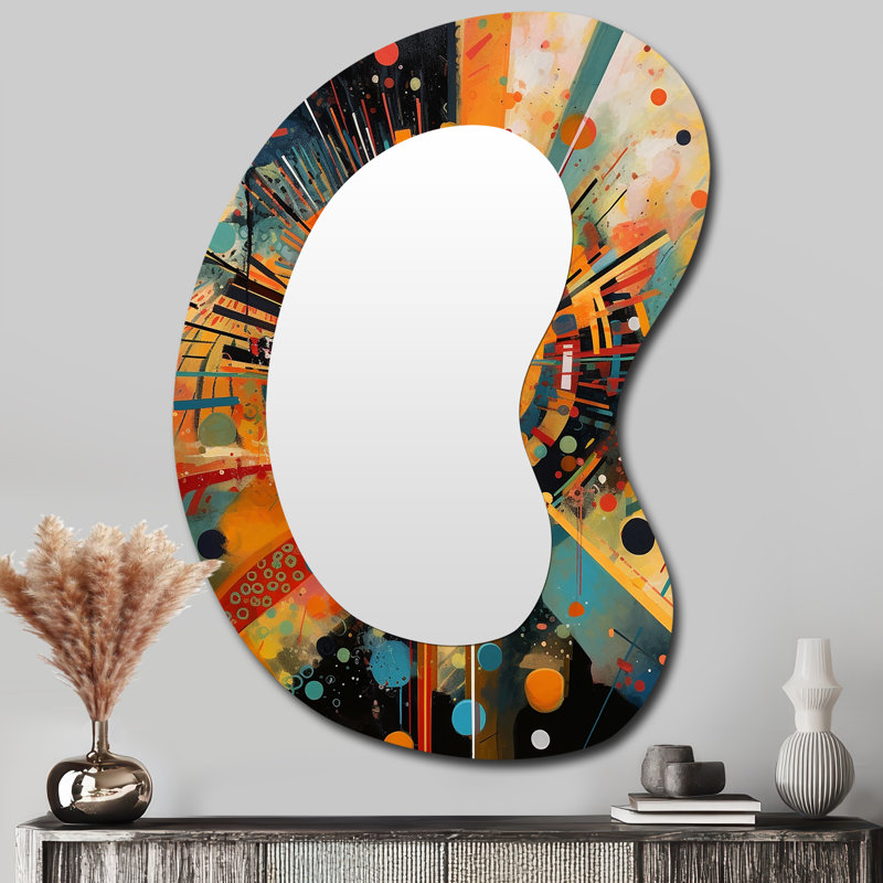 Orange Retro Vibe Background IV - Geometric Asymmetrical Unique Wall Mirror Decor, Orange Unique Shape Large Mirror, Printed Metal Art