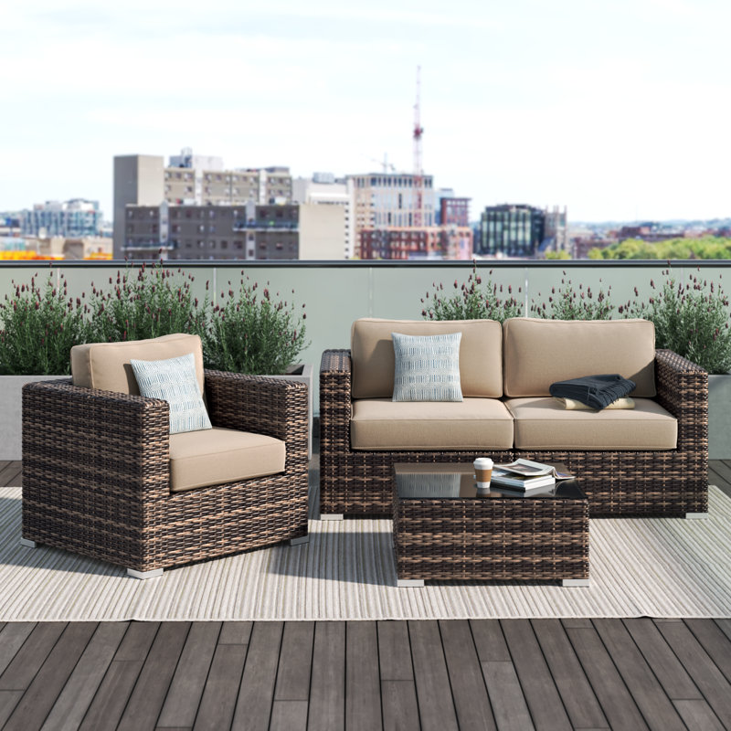 3-Person HDPE Wicker Outdoor Seating Group, Sunbrella Beige