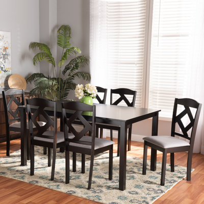 Lewisville Modern Transitional Grey Fabric Upholstered And Dark Brown Finished Wood 7-Piece Dining Set