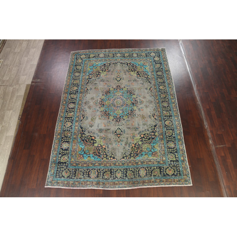 Tapis unique noué à la main de style années 1950 de 8 pi x 11 pi 1 po bleu / noir / vert