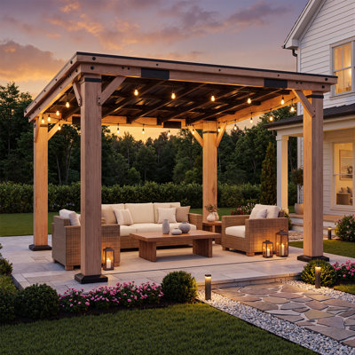12 Ft. X 10 Ft. Cedar Wood Patio Gazebo With Sloped Galvanized Steel Hardtop Roof, Outdoor Pavilion For Party, Dining, Conversation And Grill
