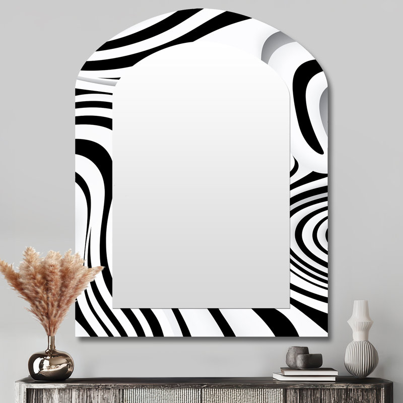Fingerprint Monochrome Labyrinth - Waves Asymmetrical Decorative Wall Mirror, Modern Arch Mirror, Printed Metal Art