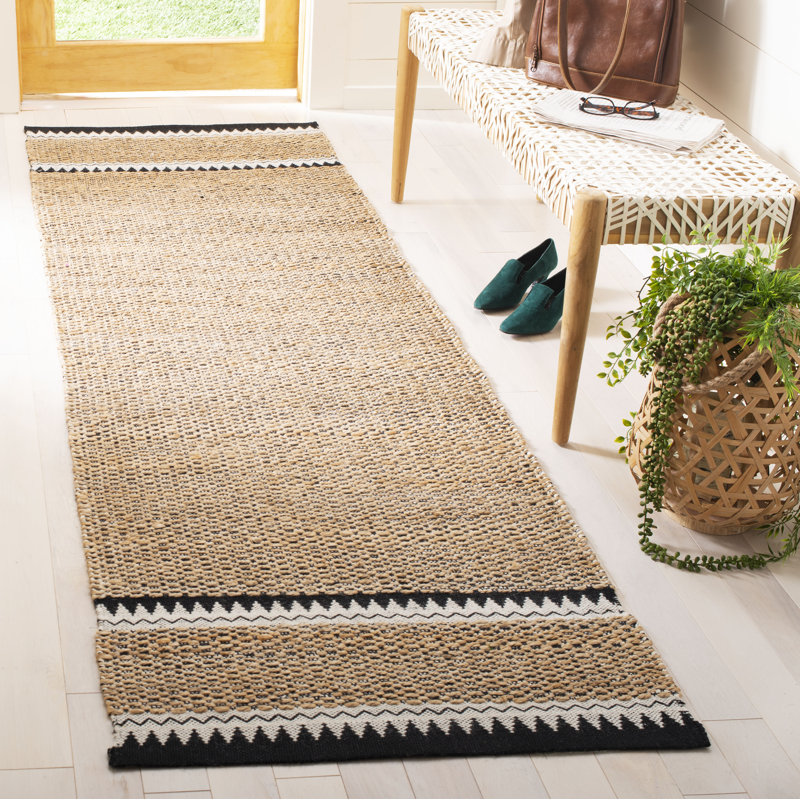 Bynum Hand Woven Jute/Wool Striped Rug in Natural/Black, Runner 2'3" x 18'