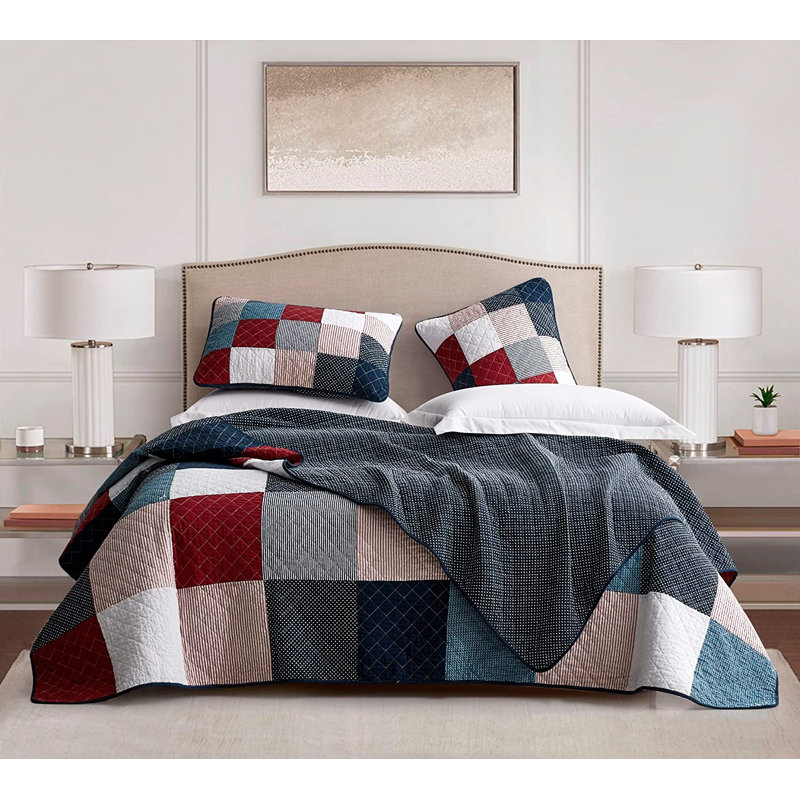  Pre-Washed Multicolor Patchwork Cotton Reversible Quilt Set, King Quilt + 2 King Shams