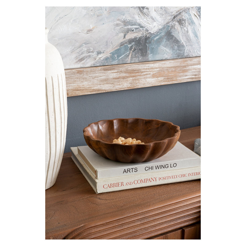 Bol rond rond en bois de teck peu profond avec finition brun terre - centre de table décoratif de 9,8 pouces