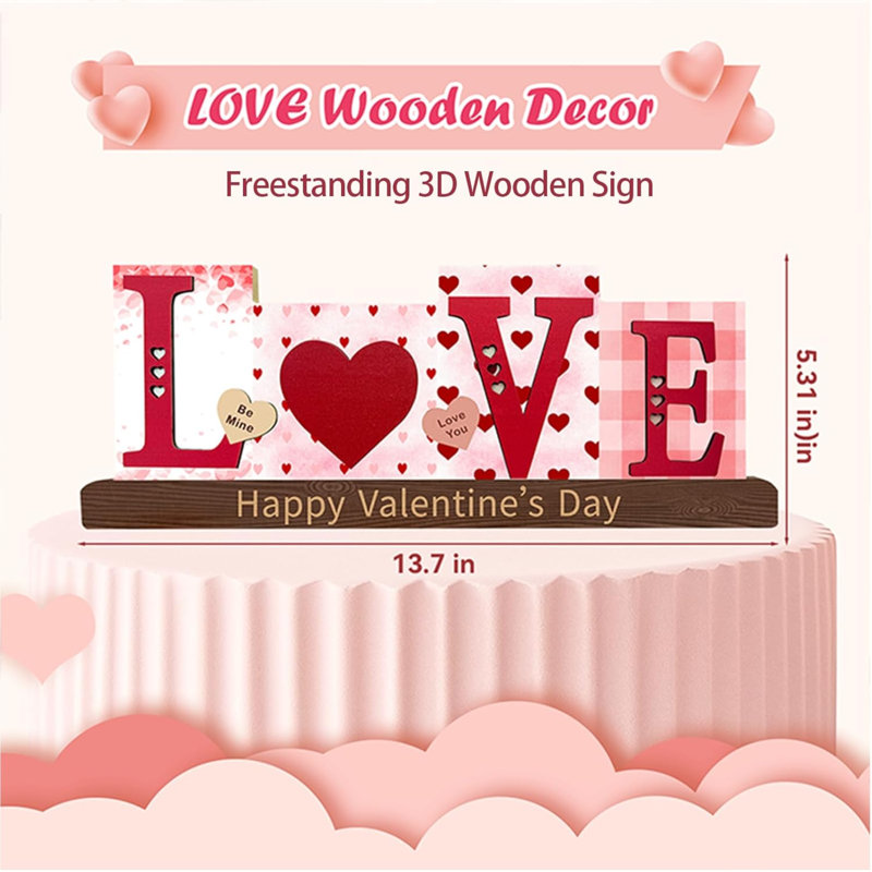 Décoration «Valentine» en bois pour la Saint-Valentin - plateau de table et plateau à niveaux