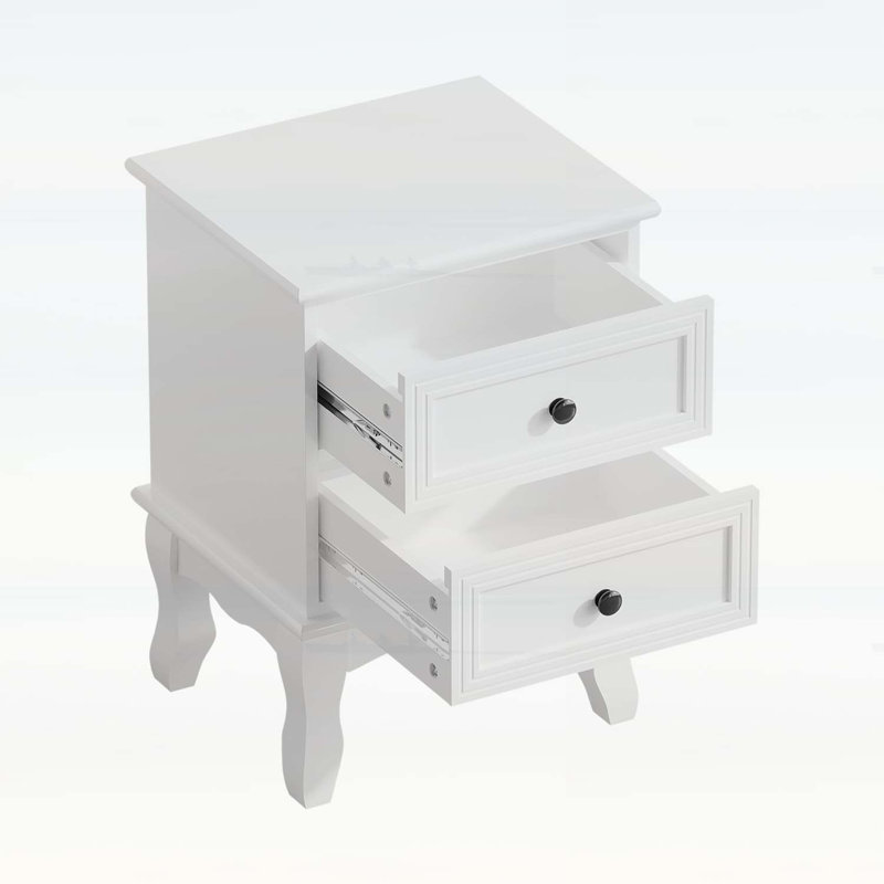 Table de chevet blanche moderne avec 2 tiroirs, table de chevet style champêtre, pieds élégants sculptés pour les petits espaces