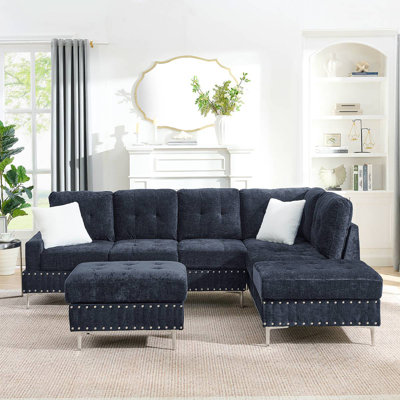 Sectional 3-Seaters Sofa With Reversible Chaise, Storage Ottoman, Metal Legs And Copper Nails,Two Pillows