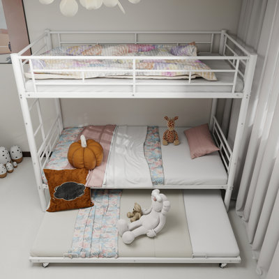 Heavy - Duty White Metal Twin Over Bunk Bed, Noise Reduction Function, Guardrail, Easy Conversion, Non Slip , 350Lbs Weight, Quick Setup At Home Reduced Rails, Convertible To Two Beds, High Weight