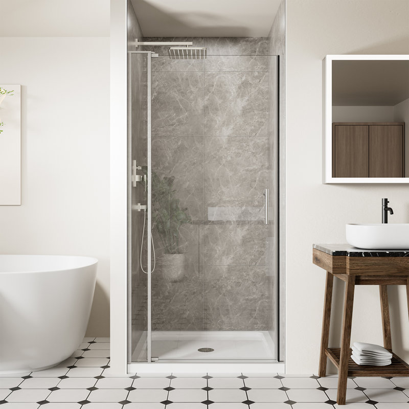 32-36" W x 72" H Frameless Pivot Shower Glass Door with 1/4" and 5/16" Tempered Glass, Swing Shower Doors with 105° Anti-Collision Stop, Chrome Finish, Reversible Installation