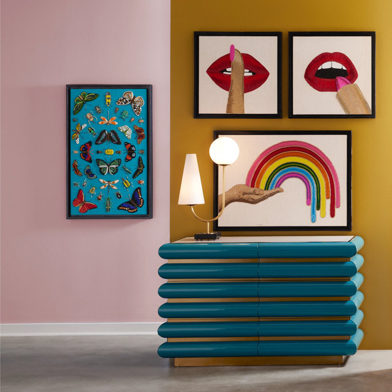 Hand-Beaded Red Lips and Finger Black Framed Wall Art