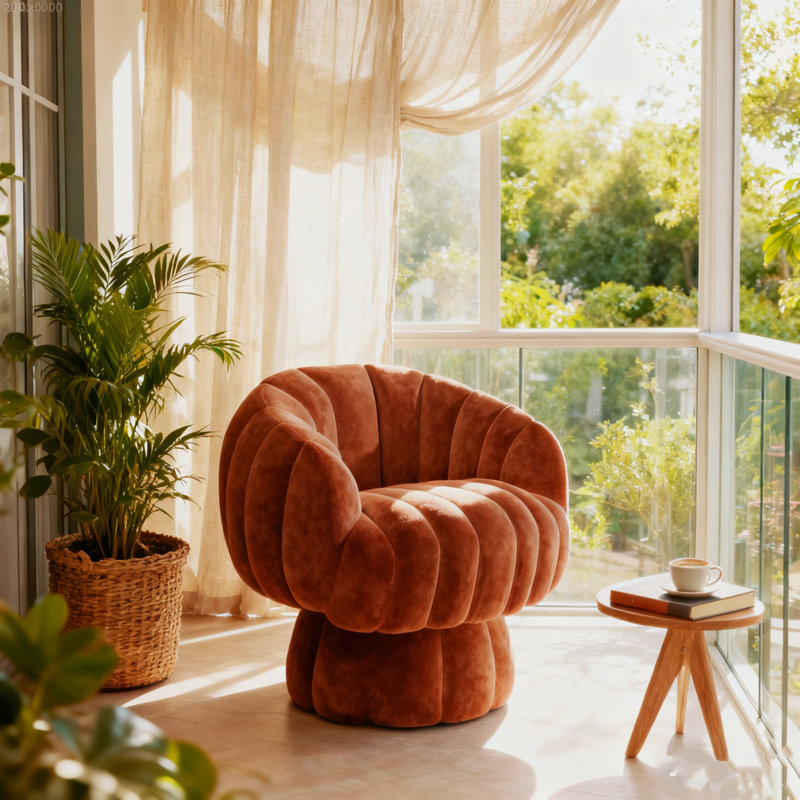 Upholstered Swivel Accent Chair Barrel Chair with Pillow, Rust Velvet