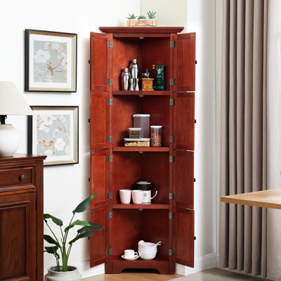 Cherry Living Room Corner Cabinet With 8 Doors And Ample Storage 4 72" Kitchen Pantry Adjustable Shelves For Home