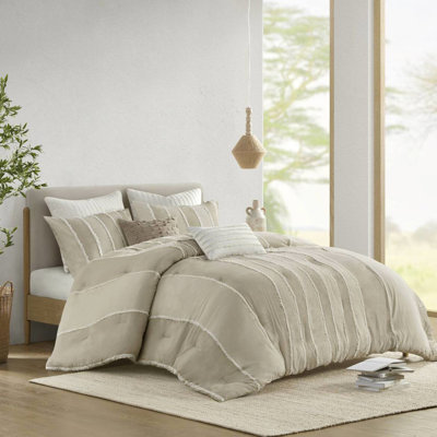 3 pièces édredon taupe très grand / très grand - rembourrage 100% coton à rayures alternées et garniture contrastante lavable à la machine grande taille rayé par