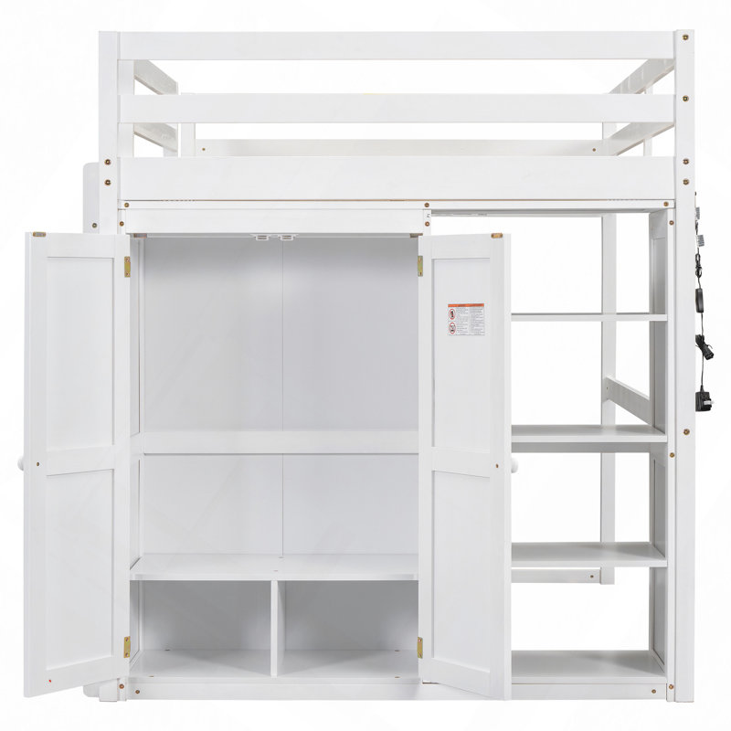 Lit mezzanine double en bois avec garde-robe intégrée et tablettes de rangement, lumière DEL