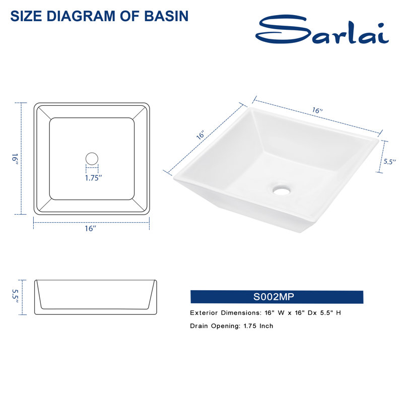 Lavabo de salle de bain vasque moderne carré en céramique blanche 16 "L