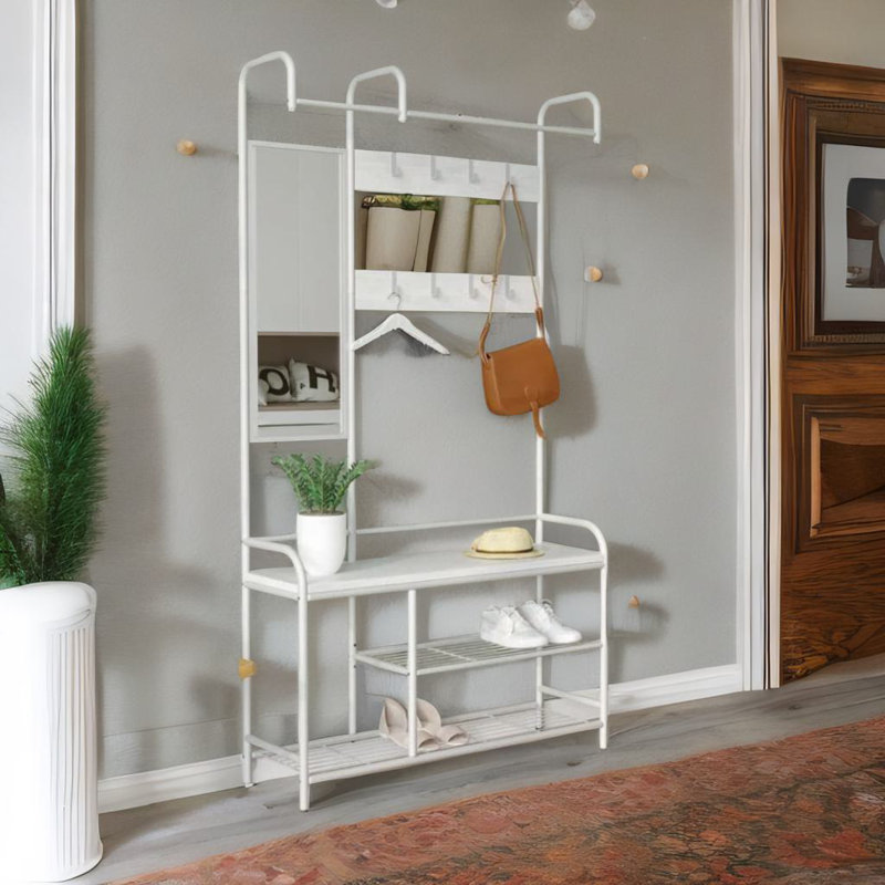 Anjanae Industrial Hall Tree Coat Rack Stand With Shoe Storage Shelves and Rail