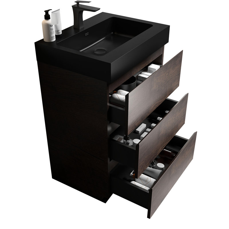 Meuble-lavabo de 24 po en noyer - Grand rangement, noyer silencieux moderne, espace de rangement