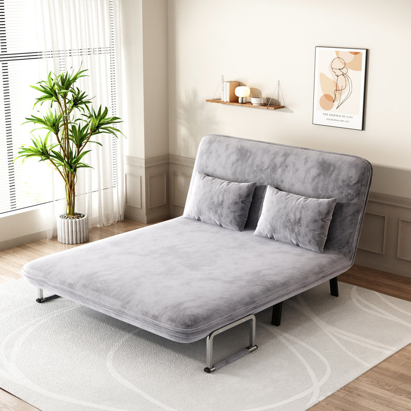 Fauteuil-lit en velours à structure métallique avec revêtement doux et siège réglable à hauteur grise pliable, Gris clair