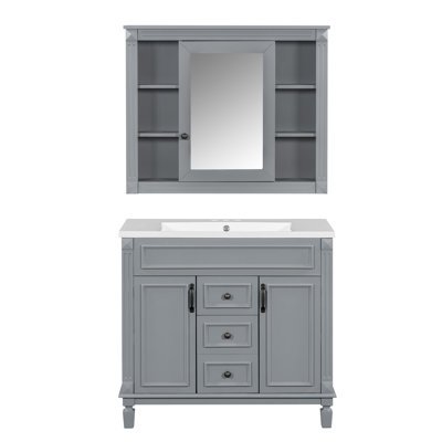 Meuble-lavabo de 36 po avec lavabo supérieur, armoire à miroir, armoire de rangement moderne avec 2 portes à fermeture douce et 2 tiroirs, meuble-lavabo simple