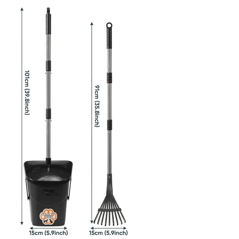 40" Long-Handle Stainless Steel Pooper Scooper, Swivel Bin & Rake, 20 Waste Bags, Heavy-Duty Metal for Large to Small Dogs