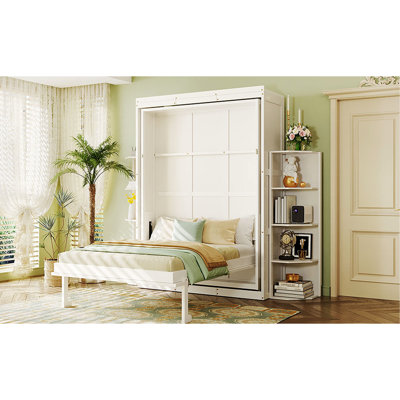 Lit rotatif avec armoire murale cachée, deux tablettes latérales à 3 niveaux, bureau convertible, rangement supplémentaire, peu encombrant pour les pièces multifonctionnelles et les petits espaces de vie, grand espace de travail blanc 360 po, compact