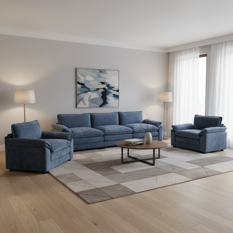 Ensemble de salon en chenille Alberty Blue, 3 pièces: canapé, 2 chaises, Chenille bleu