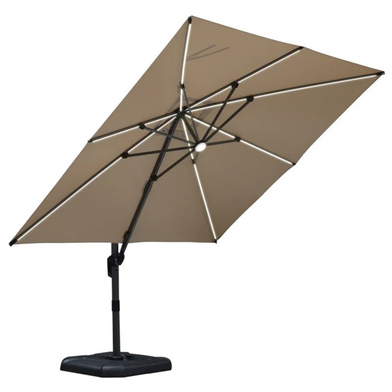 Yatra 10' Solar Powered LED Cantilever Beige  Umbrella with Base and LED Lights, Beige