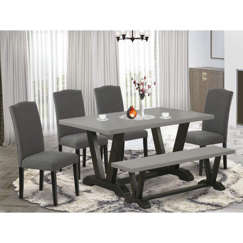 L'ensemble de salle à manger 6 pièces contient une table de salle à manger rectangulaire avec pieds en V et 4 chaises Parson en tissu de lin Gotham foncé avec un banc, noir brossé