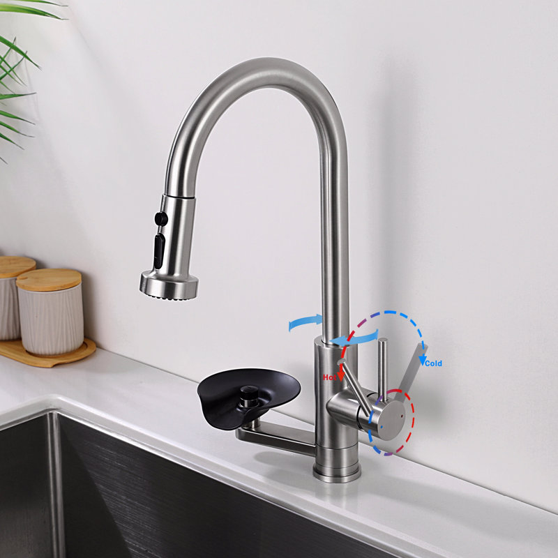 3-In-1 Kitchen Faucet With Press-Type Glass Rinser, High-Arc Pull-Down Sprayer Faucet, 3 Function Spray Mode Finish