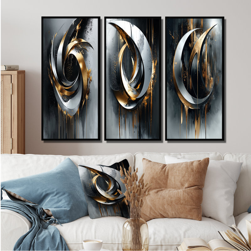 Formes et lignes abstraites noires et dorées I - Collection de 3 grands panneaux modernes sur toiles, H 32 po x l 48 po, Noir