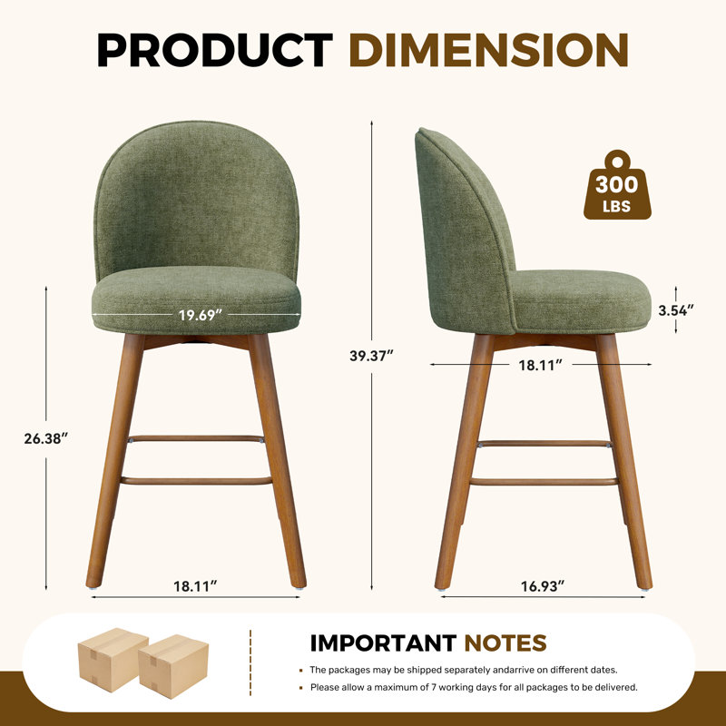 Tabouret de bar moderne à hauteur de comptoir avec dossier, revêtement en chenille verte, pieds non pivotants en bois d'hévéa avec finition noyer