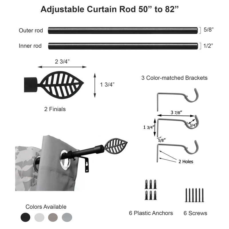 Paquet de 2, tringle à rideaux simple ajustable de 5/8 po, 50 po à 82 po, noir, Taupe