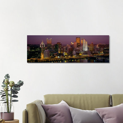 High Angle View of Buildings Lit up at Night, Pittsburgh, Pennsylvania, USA 1 Piece Wrapped Canvas Panoramic Wall Art