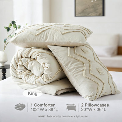 Ensemble de couette 3 pièces beige style bohème tufté pour lit king size