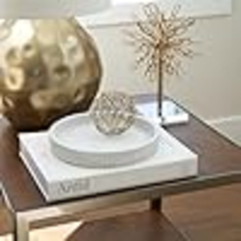 Decorative Concrete Tray & Book Decor Set - Scalloped Tray & Linen Box Enhance Your Coffee Table Or Bookshelf Decor - Stylish Home Decoration For Your Living Or Dining Room & As A Housewarming Gift