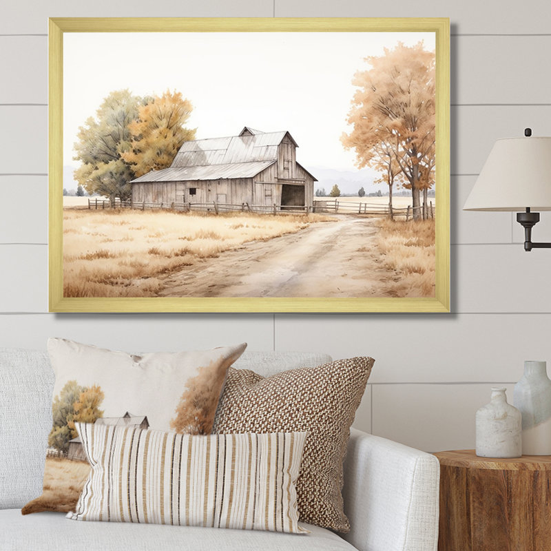 Paysage de grange, minimalisme, paysage - art mural de grange, H 24 po x l 32 po x P 1 po, Cadre doré