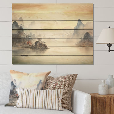 «Grey Tranquil Chinese Landscape Serenity II - China On Wood Print»