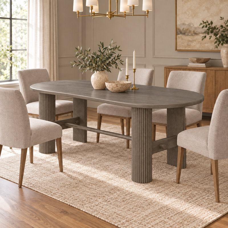 Ensemble de salle à manger ovale 7 pièces pour 6 personnes avec table en placage de chêne de 184 cm et 6 chaises rembourrées, table à double piétement cannelé, naturel