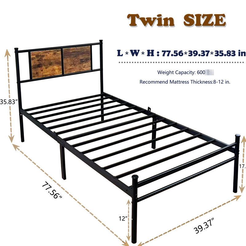 Structure de lit simple avec tête en bois brun et lattes en métal robustes pour la plateforme, aucun sommier requis, guide vidéo d'assemblage simple, matériau en fer noir, profondeur de 79,11 po, hauteur de 36,63 po avec pied