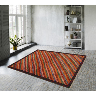 Tapis orange rayé / gris / brun en laine noué à la main 3 pi 2 po x 4 pi 10 po Laudalino