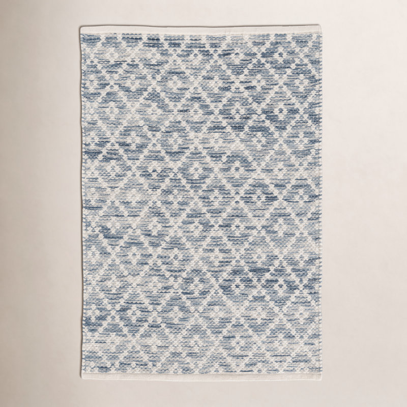 Melange Diamond Blue Handwoven Cotton Rug, Rectangle 5' x 8'