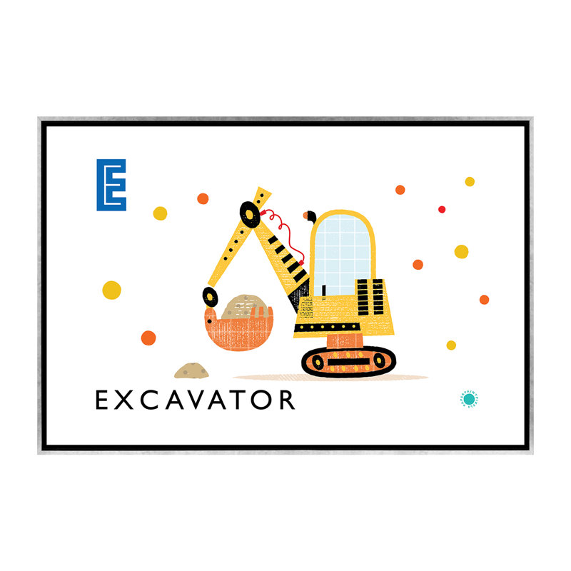 E Is for Excavator - impression d'art graphique, H 40 po x l 60 po x 1,5 po, Pas de tapis, Toile avec cadre argenté