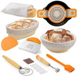 Bread Proofing Basket Set: 10" Oval & 9" Round with Liners, Dough Whisk, Lame, Scrapers & Sling