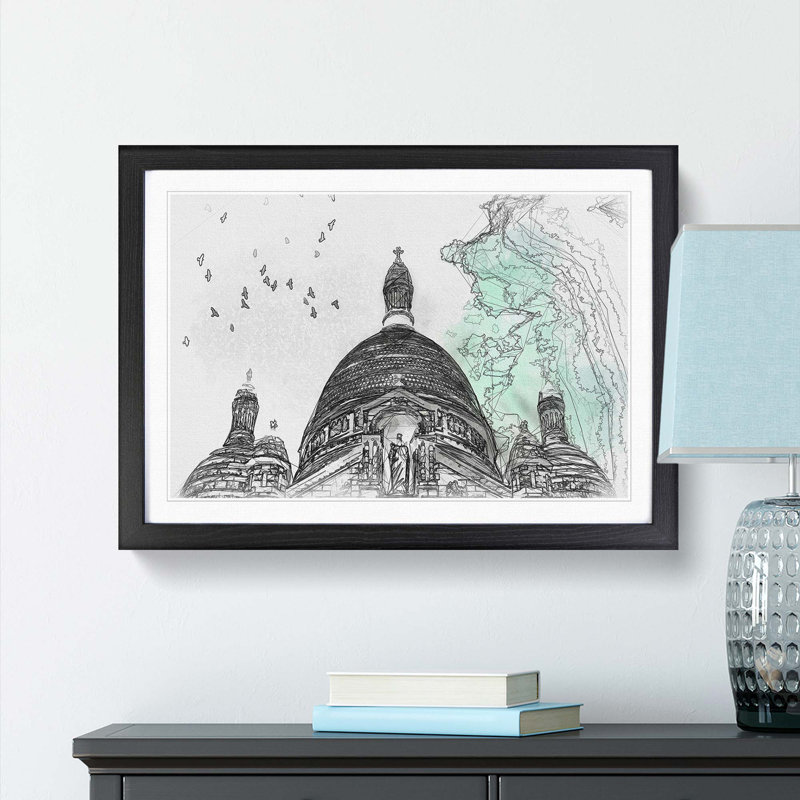 Birds Above Sacre Coeur Paris in Abstract - Picture Frame Graphic Art Print, 48cm H x 65cm W x 2cm D, Black Framed