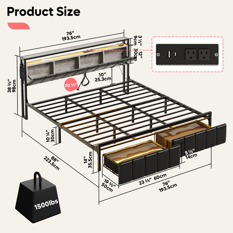 Brisna Upholstered Platform Bed, King, Black/Gray