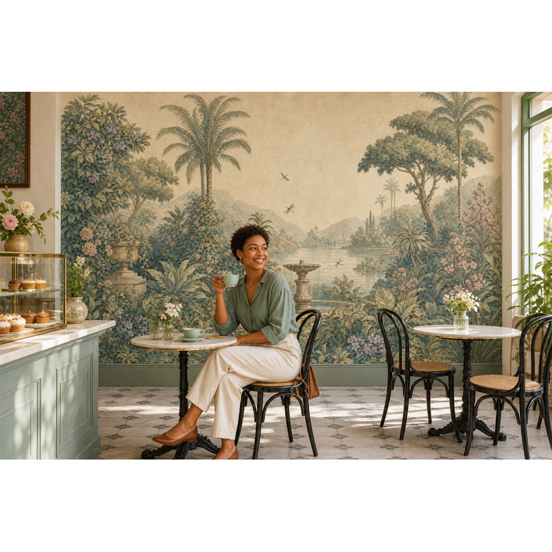 Murale de palmiers tropicaux vert discret, 120"x96", Peel and Stick