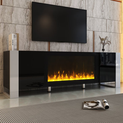 Meuble télé moderne avec foyer électrique non chauffant de 34,2 po ON-TREND, centre de divertissement ultrabrillant avec 2 armoires, console multimédia pour téléviseur de 78 po ou moins, noir