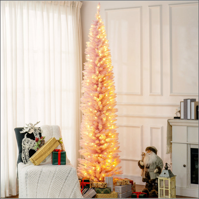 Sapin de Noël artificiel mince 8 po avec 300 lumières DEL blanc chaud et 618 pointes, pour décoration de Noël, rose
